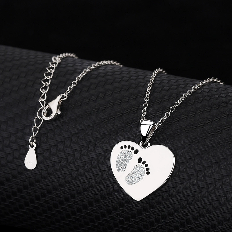 925 Sterling Silver Heart Footprint Drop Necklace